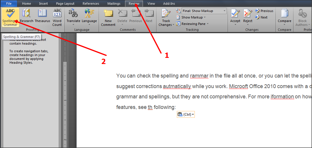 procedure for starting spelling and grammar tool